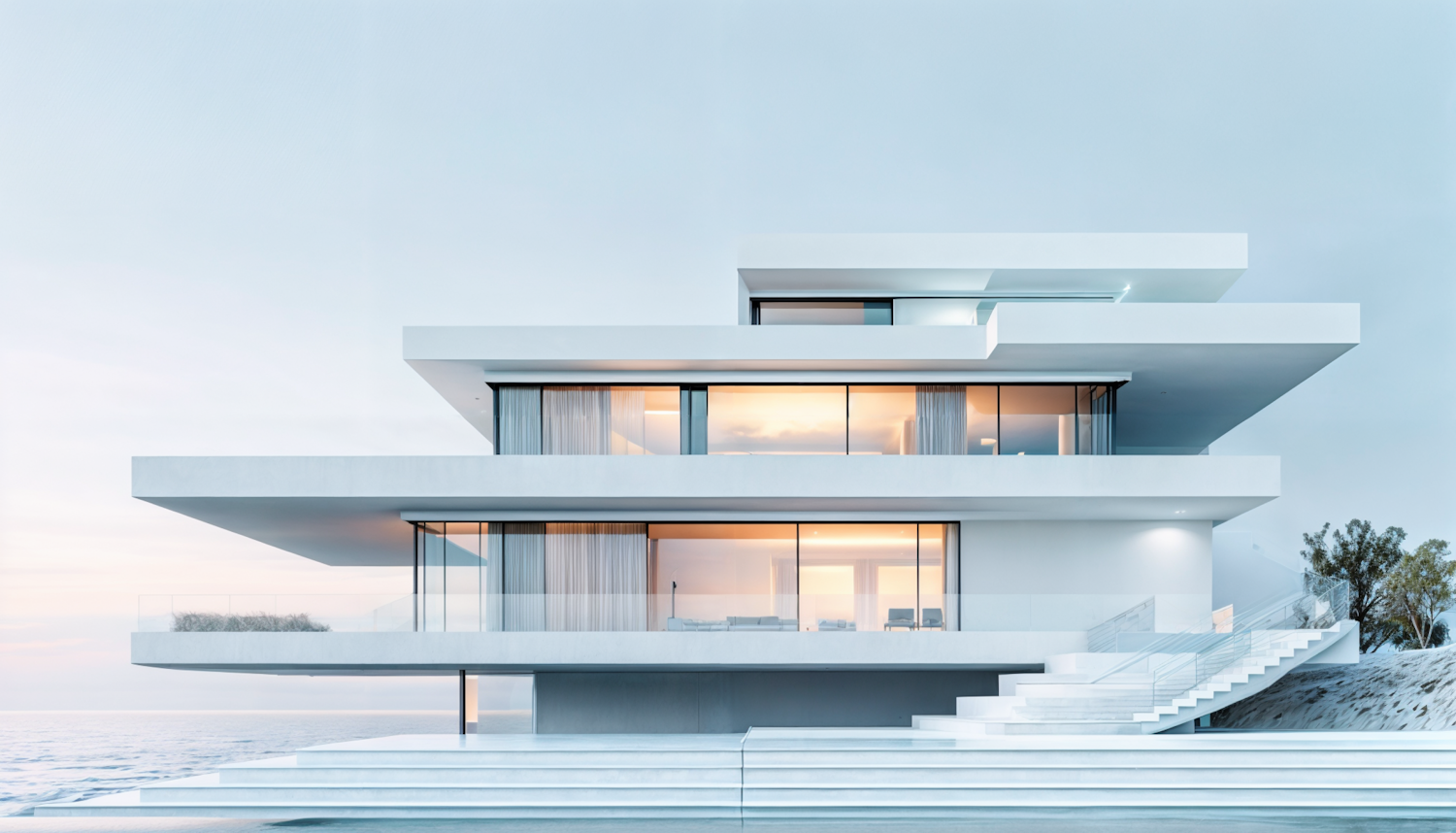 Large white modern house with stacked floors and glass walls overlooking the sea at dusk
