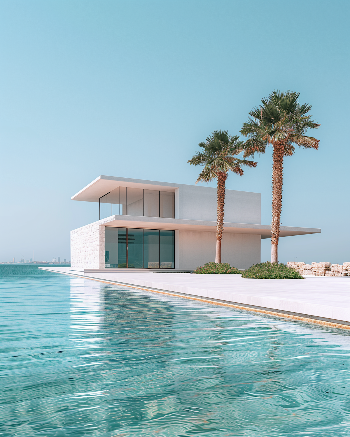 White modern house with tall glass walls, two palm trees and a pool