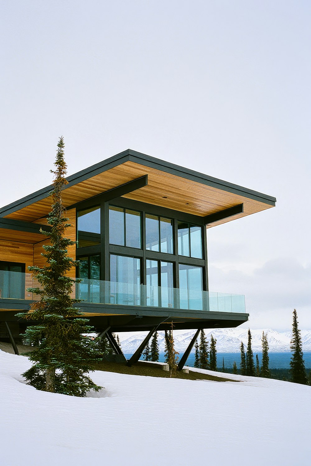 Modern cabin with tall glass windows and a timber soffit, raised on steel legs above a snowy slope