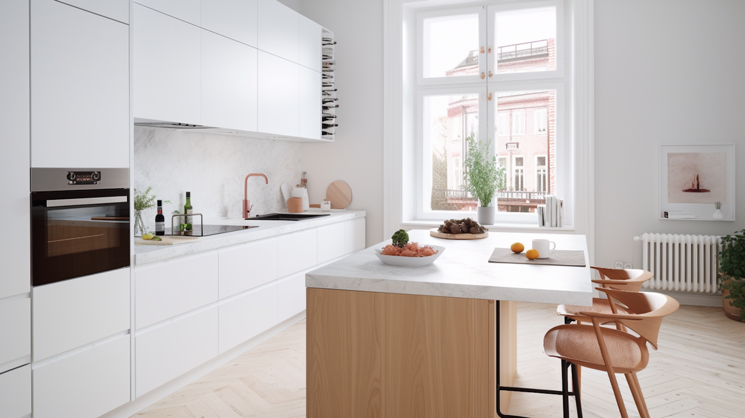 White kitchen with marble counters, a wooden island and stools beside a tall window