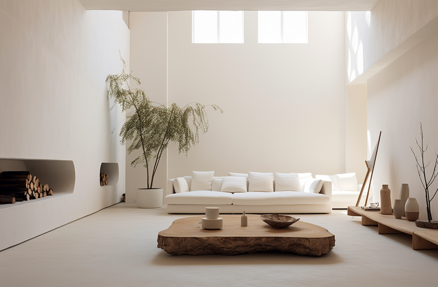 Airy living room with a white sofa, a live-edge wooden coffee table and a tall indoor tree