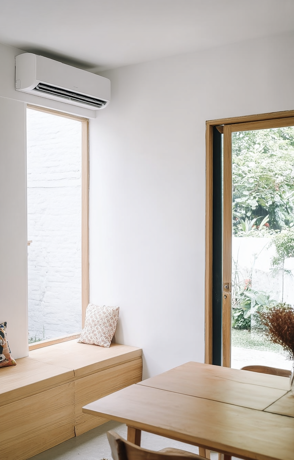 Bright room with a built-in oak bench, a wall-mounted heat pump and a glass door to the garden